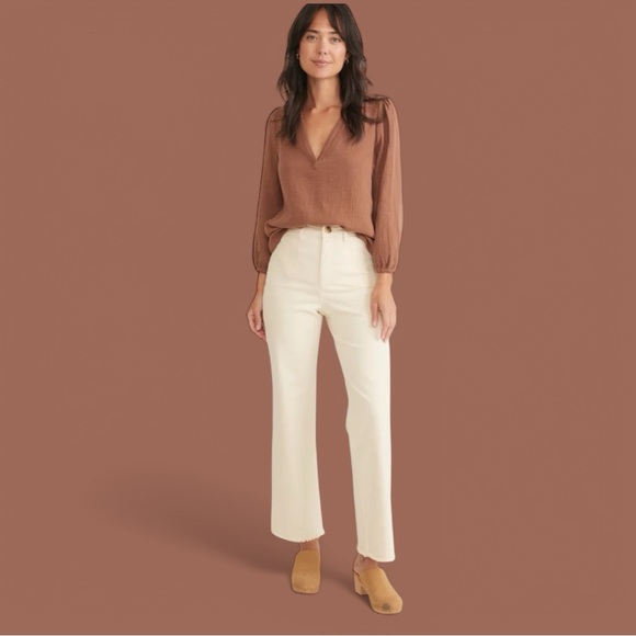 MARINE LAYER “Bridget” ivory denim pants wide leg high rise raw edge women’s 14 - Picture 3 of 15